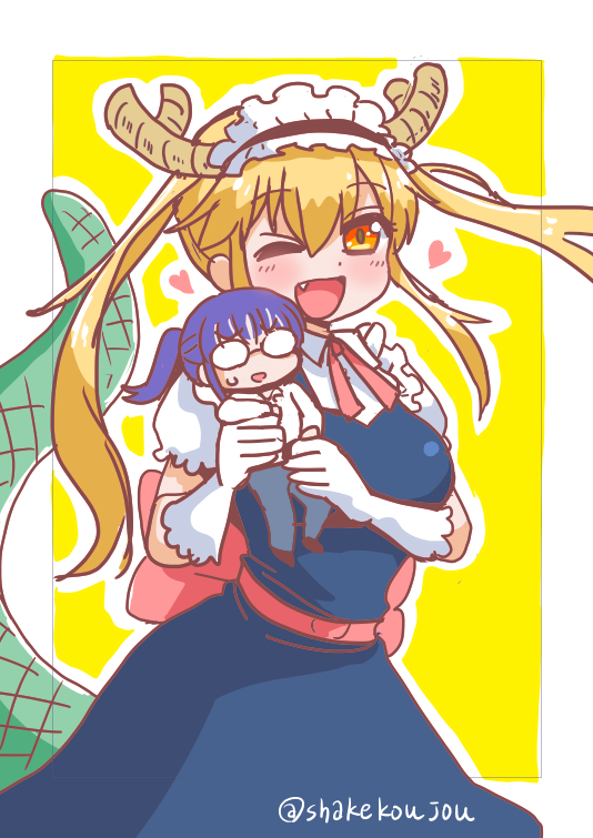 2girls ;d bangs blue_dress blue_hair blush character_doll cowboy_shot dot_nose dragon_horns dragon_tail dress eyebrows_visible_through_hair glasses gloves hair_between_eyes heart horns kobayashi-san_chi_no_maidragon kobayashi_(maidragon) long_hair looking_at_viewer maid maid_headdress multiple_girls one_eye_closed open_mouth quad_tails red_eyes shake-o smile standing sweatdrop tail tooru_(maidragon) twitter_username white_gloves yellow_background