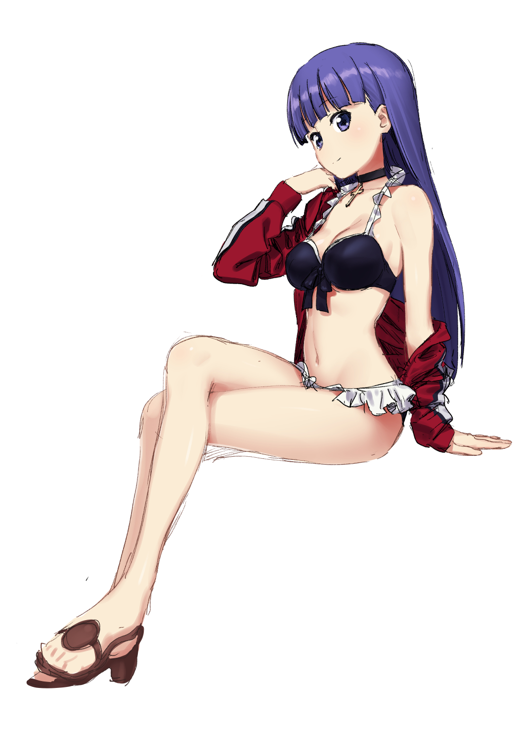 1girl arm_support bangs bare_legs bikini black_bikini black_neckwear blue_eyes blue_hair blunt_bangs blush breasts closed_mouth cross cross_necklace eyebrows_visible_through_hair fate_(series) frilled_bikini frills from_side full_body highres ikezawa_shin jacket jewelry legs_crossed long_hair long_sleeves looking_at_viewer looking_to_the_side medium_breasts navel necklace off_shoulder red_jacket saint_martha saint_martha_(swimsuit_ruler)_(fate) sandals simple_background single_bare_shoulder sitting smile solo swimsuit white_background