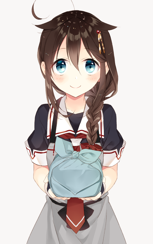 1girl ahoge apron bangs blue_eyes braid brown_hair commentary_request cowboy_shot eyebrows_visible_through_hair grey_background hair_between_eyes hair_flaps hair_ornament hair_over_shoulder hair_ribbon hairpin holding kantai_collection long_hair looking_at_viewer naoto_(tulip) necktie remodel_(kantai_collection) ribbon school_uniform serafuku shigure_(kantai_collection) short_sleeves simple_background single_braid smile solo tareme wrapped_obentou