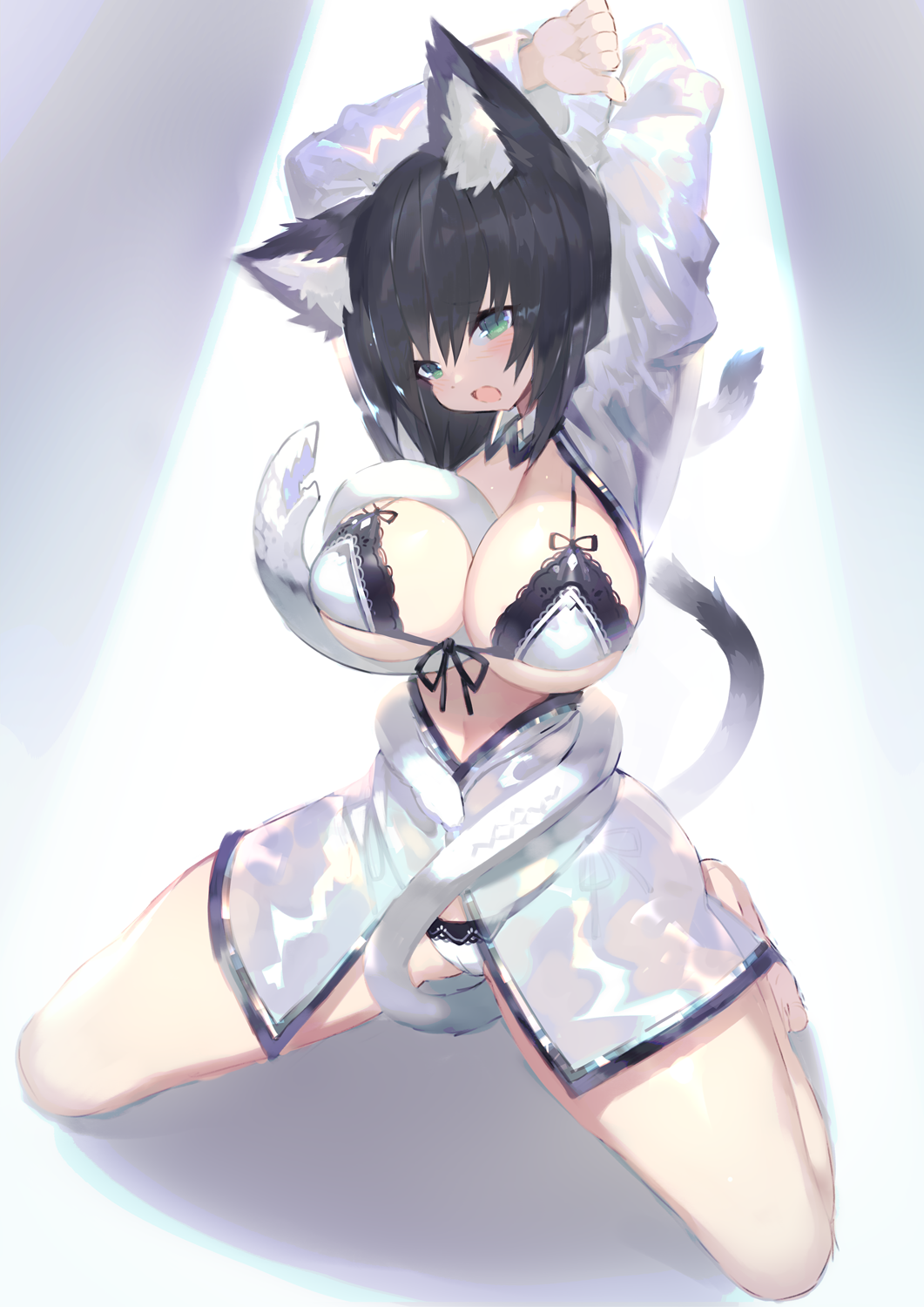 1girl :o animal_ears aqua_eyes arms_up black_bra black_hair black_panties bra breasts cat_ears cat_tail cleavage highres lace lace-trimmed_bra large_breasts long_hair looking_at_viewer mamuru open_mouth original panties seiza sitting solo tail thighs underwear white_bra white_panties