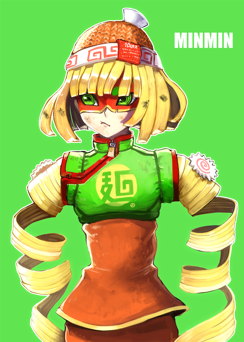 1girl :/ al_bhed_eyes arms_(game) bangs beanie blonde_hair blunt_bangs breasts character_name closed_mouth clothes_writing cowboy_shot crop_top facing_viewer food green_background green_eyes green_shirt hat highres knit_hat lips looking_away looking_to_the_side madarame min_min_(arms) noodles orange_hat outline pink_lips shirt short_eyebrows short_hair simple_background small_breasts solo standing thick_eyebrows tsurime turtleneck uneven_eyes white_outline zipper zipper_pull_tab