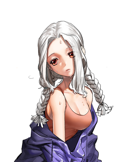 1girl braid breasts character_request cleavage dripping forehead hot long_hair medium_breasts off_shoulder red_eyes simple_background solo sweat tank_top twin_braids unaligned_breasts white_background yeonong