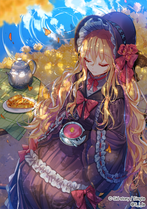 1girl autumn_leaves blonde_hair blue_sky cake carpet closed_eyes cup dress flower food hat hat_flower hat_ornament interitio lake pie pot red_ribbon ribbon sid_story sky solo table tea teacup teapot