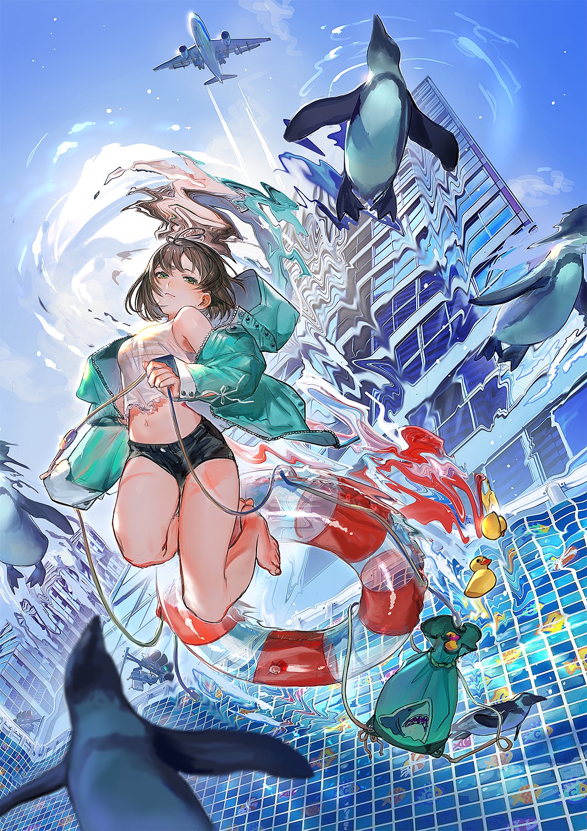 1girl aircraft airplane barefoot bird breasts brown_hair commentary_request from_below full_body green_eyes highres innertube lalil-le medium_breasts navel off_shoulder original penguin pool raincoat reflection rubber_duck short_hair short_shorts shorts solo_focus stomach underwater unzipped