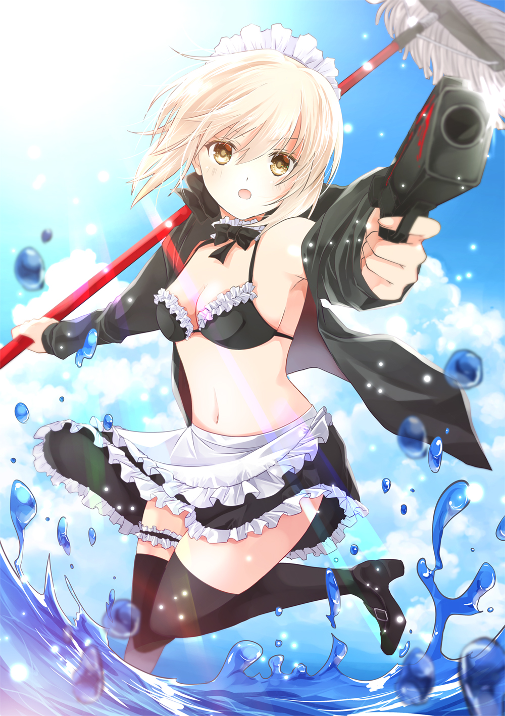1girl aiming_at_viewer apron artoria_pendragon_(all) artoria_pendragon_(swimsuit_rider_alter)_(fate) bangs bikini bikini_skirt bikini_under_clothes black_bow black_footwear black_jacket black_legwear black_neckwear blonde_hair blue_sky bow bowtie breasts cleavage clouds detached_collar eyebrows_visible_through_hair fate/grand_order fate_(series) frilled_apron frilled_skirt frills gun highres holding holding_gun holding_weapon iroha_(shiki) jacket leg_garter long_sleeves looking_at_viewer maid_bikini maid_headdress medium_breasts mop navel one_leg_raised open_mouth outstretched_arm saber_alter shoes short_hair skirt sky solo standing standing_on_one_leg sunlight swimsuit thigh-highs wading water water_drop weapon yellow_eyes