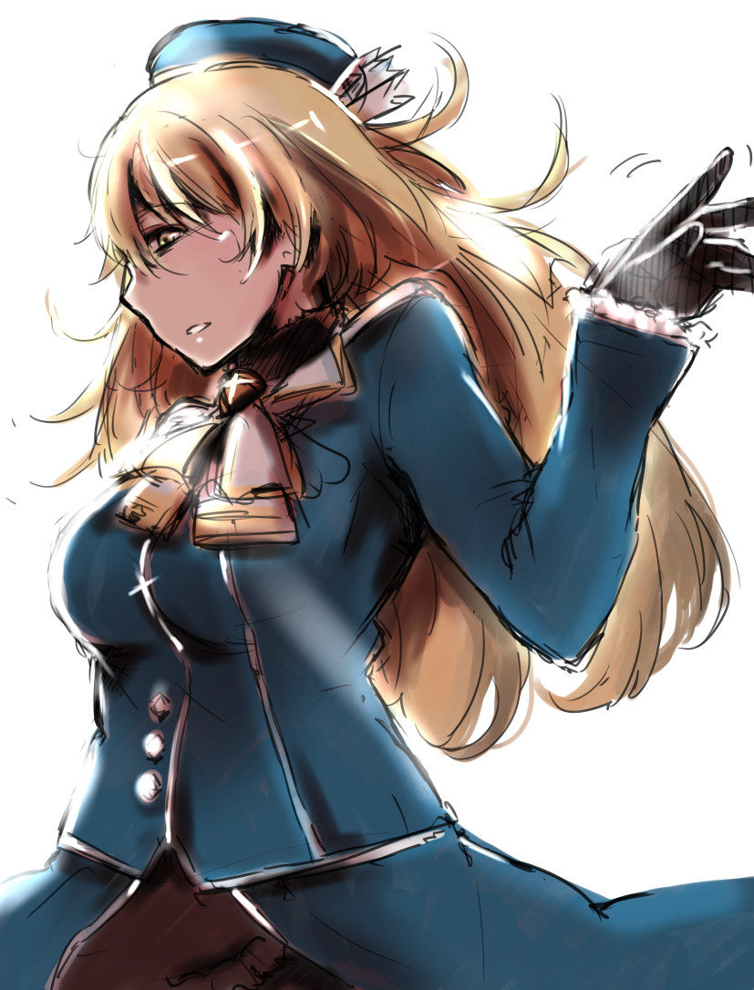 1girl ascot atago_(kantai_collection) beret black_gloves black_legwear blonde_hair blue_eyes blue_hat blue_skirt breasts ganbaru_(tkstsukachiku) gloves hair_between_eyes hand_up hat kantai_collection long_hair looking_away open_mouth pan-pa-ka-paaan! pantyhose ruffled_sleeves sidelocks skirt wavy_hair white_ascot