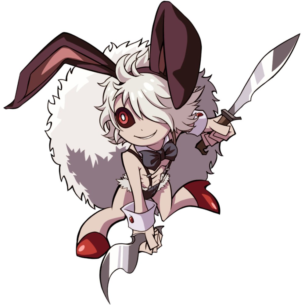 1boy abs animal_ears black_sclera bow bowtie bright_pupils bunny_tail dual_wielding fake_animal_ears full_body fur_trim hair_over_one_eye high_heels juuni_taisen looking_at_viewer male_focus rabbit_ears red_eyes red_shoes shoes simple_background smile solo suspenders sword tail usagi_(juuni_taisen) weapon white_background white_hair wrist_cuffs