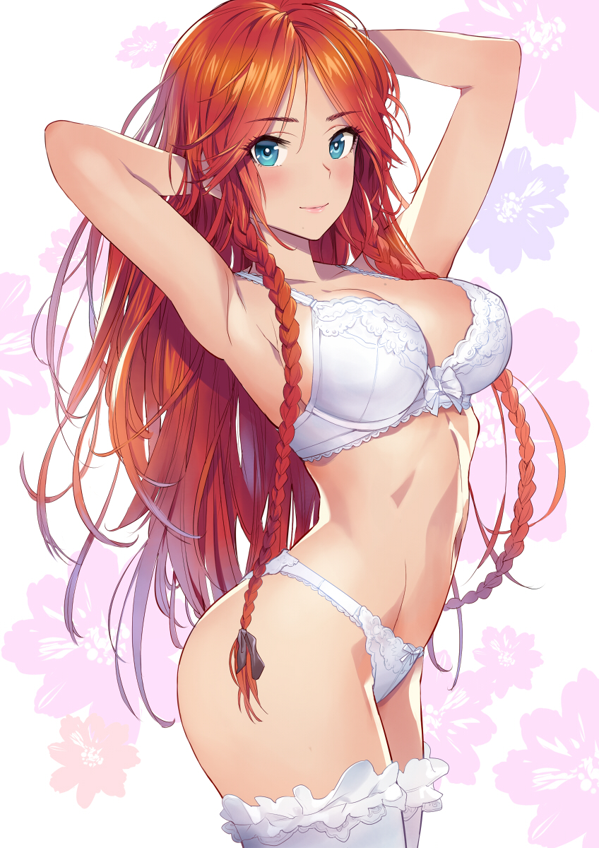 1girl arched_back bangs blue_eyes blush bra breasts cleavage closed_mouth eyebrows_visible_through_hair highres hong_meiling large_breasts lingerie long_hair looking_at_viewer matsuda_(matsukichi) orange_eyes panties redhead smile solo touhou underwear underwear_only white_bra white_panties