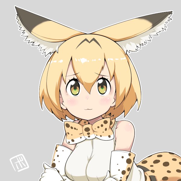 1girl :3 animal_ears artist_logo bare_shoulders belt blonde_hair bow bowieknife bowtie crossed_arms elbow_gloves extra_ears eyebrows_visible_through_hair gloves grey_background hair_between_eyes kemono_friends lying on_stomach print_bowtie print_gloves serval_(kemono_friends) serval_ears serval_print shirt short_hair sleeveless solo white_shirt yellow_eyes