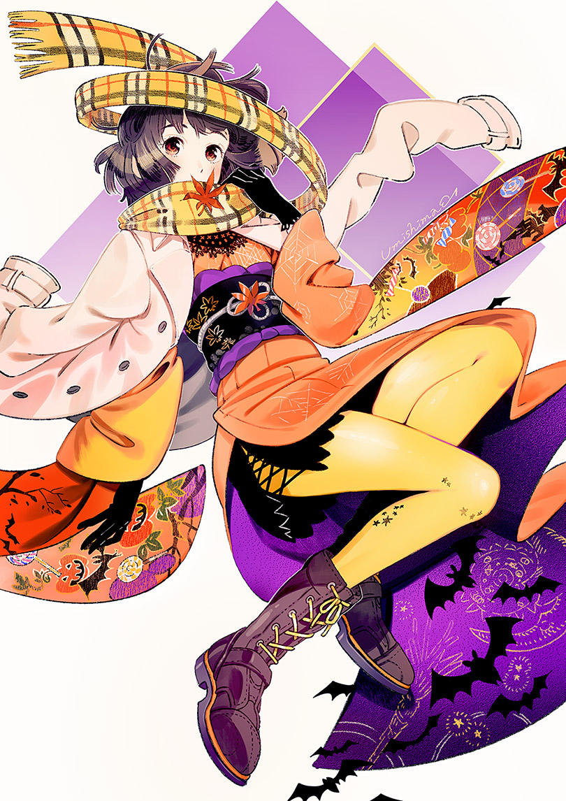 1girl bat black_hair blush boots checkered_scarf commentary covered_mouth halloween hands_in_sleeves jacket_on_shoulders japanese_clothes kimono leaf long_sleeves looking_at_viewer maple_leaf obi orange_kimono pantyhose red_eyes sash scarf short_hair solo umishima_senbon yellow_legwear yellow_scarf