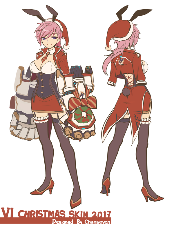 1girl 2017 alternate_costume animal_ears between_breasts blue_eyes breasts bunny_tail chan_qi_(fireworkhouse) cleavage full_body hat high_heels league_of_legends necktie necktie_between_breasts pink_hair rabbit_ears smile tail thigh-highs vi_(league_of_legends)