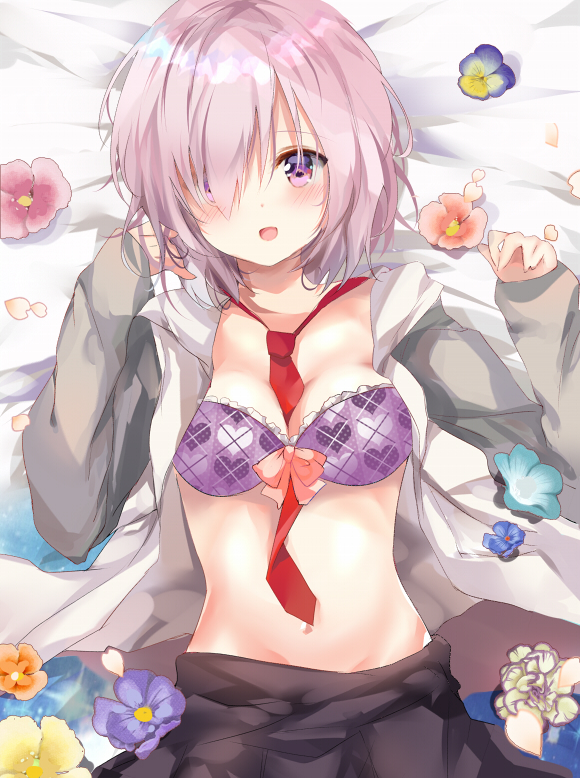1boy :d bed_sheet between_breasts black_skirt blush bra breasts cleavage collarbone eyebrows_visible_through_hair fate/grand_order fate_(series) flower from_above grey_jacket hair_over_one_eye jacket long_sleeves looking_at_viewer lying medium_breasts navel necktie necktie_between_breasts on_back open_clothes open_jacket open_mouth petals pink_hair ponika purple_bra red_necktie shielder_(fate/grand_order) shiny shiny_skin short_hair skirt sleeves_past_wrists smile solo stomach tareme underwear upper_body violet_eyes