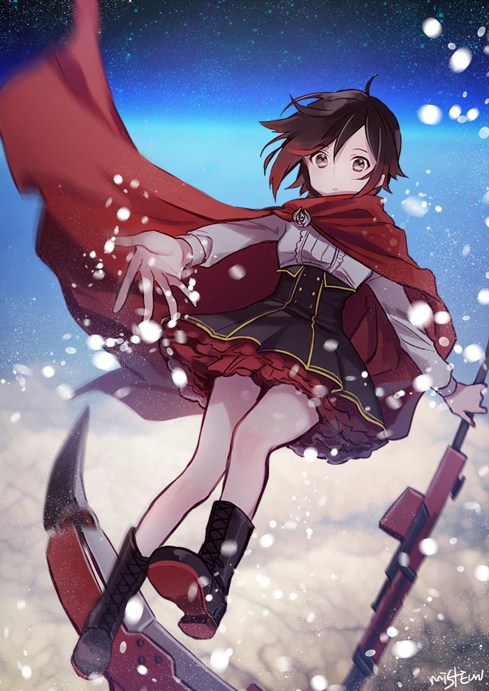 1girl artist_name boots cape commentary_request crescent_rose ecru grey_eyes night redhead ruby_rose rwby short_hair sky snowing solo star_(sky) starry_sky