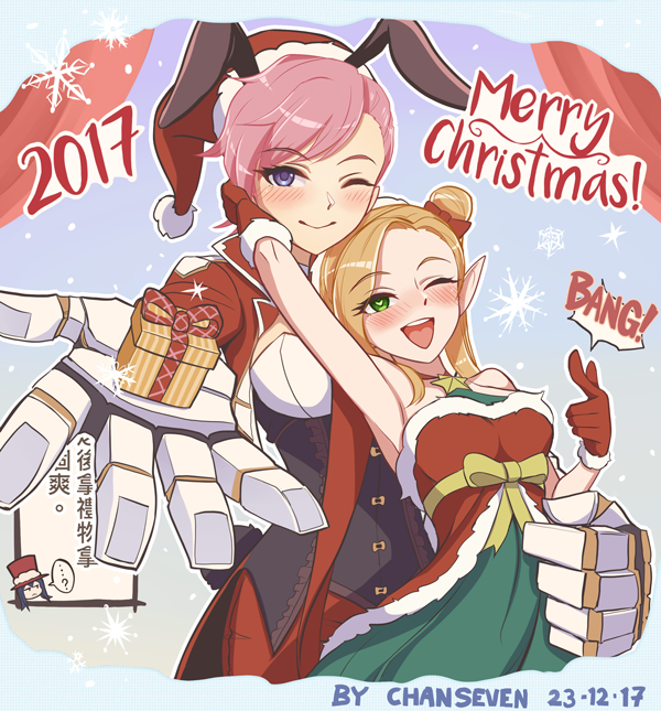 2017 3girls ambitious_elf_jinx armpits arms_up blush chan_qi_(fireworkhouse) chinese christmas dress english gift heart heart-shaped_pupils jinx league_of_legends looking_at_viewer multiple_girls smile speech_bubble symbol-shaped_pupils text translation_request vi_(league_of_legends) yuri