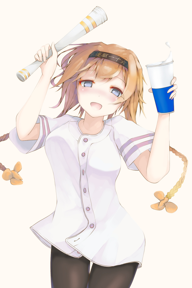 1girl alcohol baseball_jersey beer black_headband blue_eyes blush braid breasts brown_hair cheering commentary_request hair_between_eyes hair_ornament hands_up headwear_writing highres kantai_collection long_hair looking_at_viewer medium_breasts momin open_mouth orange_hair pantyhose propeller_hair_ornament simple_background smile solo teruzuki_(kantai_collection) twin_braids upper_body