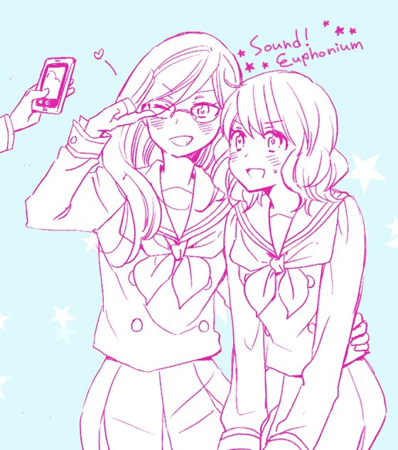 2girls :d ;d asada_nikki blue_background blush cellphone commentary_request copyright_name eyebrows_visible_through_hair glasses grin hand_on_another's_hip heart hibike!_euphonium long_hair looking_at_another monochrome multiple_girls multiple_monochrome neckerchief one_eye_closed open_mouth oumae_kumiko out_of_frame phone salute school_uniform serafuku short_hair skirt smartphone smile spoken_heart star sweatdrop taking_picture tanaka_asuka upper_body