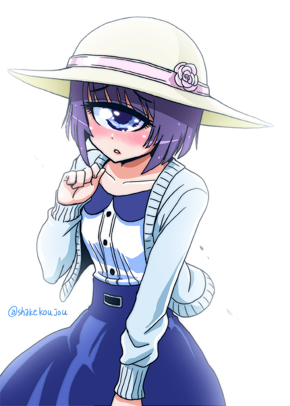 1girl bangs blue_eyes blue_skirt blunt_bangs blush cardigan cyclops eyebrows_visible_through_hair flower hat hat_flower high-waist_skirt long_sleeves looking_at_viewer manako monster_musume_no_iru_nichijou one-eyed open_cardigan open_clothes parted_lips purple_hair shake-o short_hair simple_background skirt solo sun_hat twitter_username white_background