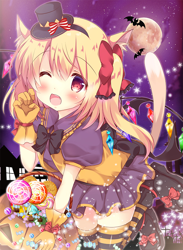 1girl ;d animal_ears bangs bat black_footwear black_hat blonde_hair blush boots bow candy candy_wrapper cat_ears cat_girl cat_tail claw_pose collared_shirt commentary_request crystal fang flandre_scarlet food frilled_ribbon frilled_shirt_collar frills full_moon glove_bow gloves hair_between_eyes hair_bow halloween hat hat_bow jack-o'-lantern lollipop long_hair looking_at_viewer mini_hat mini_top_hat moon night night_sky one_eye_closed one_side_up open_mouth orange_gloves orange_vest puffy_short_sleeves puffy_sleeves purple_shirt purple_skirt red_bow red_eyes ribbon rika-tan_(rikatantan) shirt short_sleeves skirt sky smile solo star star_(sky) starry_sky striped striped_bow striped_legwear swirl_lollipop tail thigh-highs top_hat touhou wings