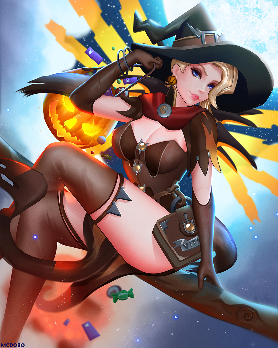 1girl alternate_costume arm_at_side arm_support arm_up bangle blonde_hair blue_eyes bodice book bracelet breasts brooch broom broom_riding brown_gloves brown_legwear candy capelet cleavage clouds cowboy_shot earrings elbow_gloves food full_moon gloves halloween halloween_costume hat highres holding jack-o'-lantern jack-o'-lantern_earrings jewelry legs_crossed lips looking_at_viewer mcdobo mechanical_wings medium_breasts mercy_(overwatch) moon night nose overwatch pelvic_curtain pink_lips short_sleeves sidesaddle smile solo thigh-highs wings witch witch_hat witch_mercy