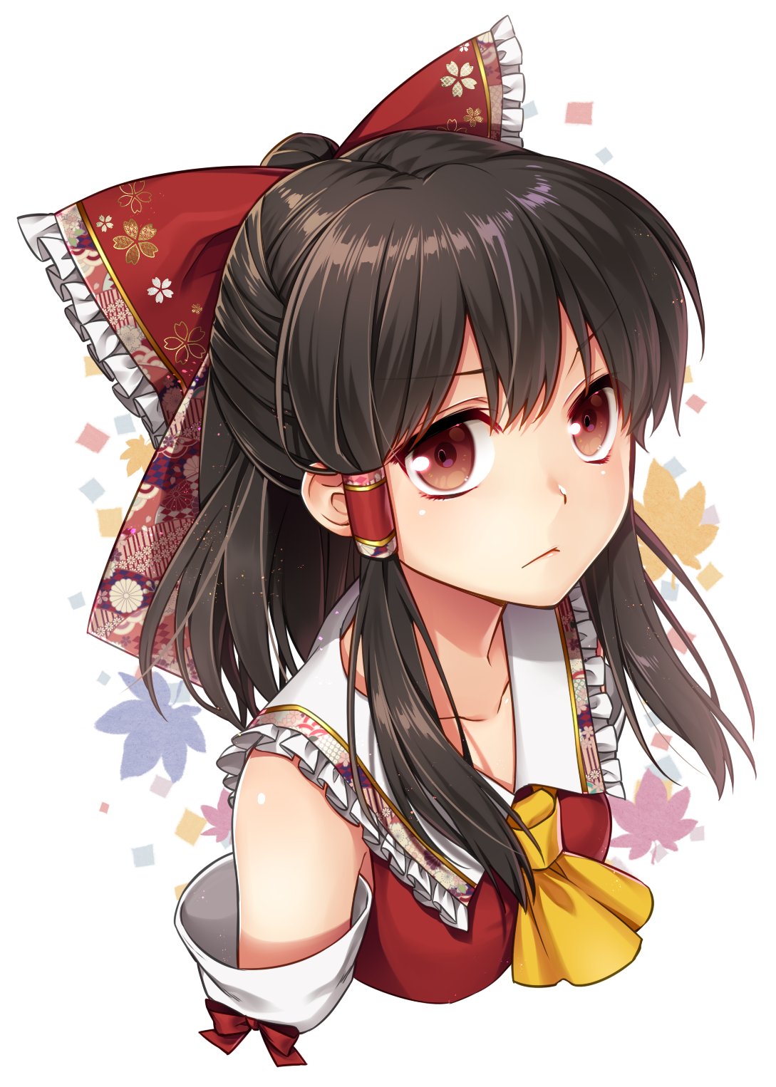 1girl ascot bangs black_hair bow collarbone commentary_request detached_sleeves floral_print hair_bow hair_tubes hakurei_reimu highres kuronohana long_hair looking_at_viewer ponytail red_bow red_eyes shiny shiny_hair solo touhou upper_body vest white_background