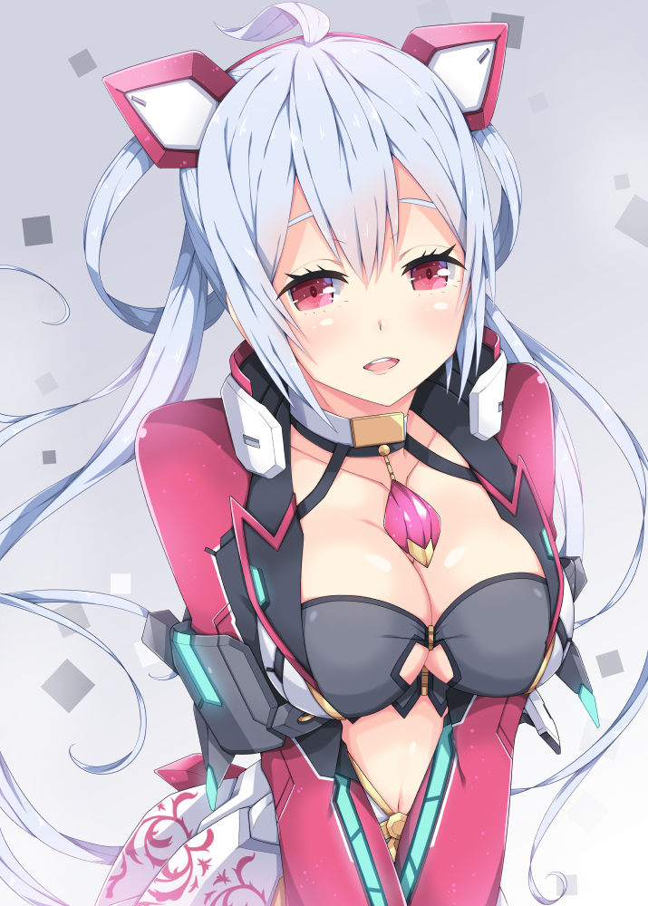 1girl ahoge bangs black_bra blush bra breasts choker cleavage cleavage_cutout collarbone commentary_request cropped_jacket dress eyelashes gem glowing gradient gradient_background grey_background hair_rings headgear high_collar innocent_cluster jacket jewelry large_breasts light_blue_hair long_hair long_sleeves looking_at_viewer matoi_(pso2) microdress midriff milkpanda navel open_clothes open_dress open_jacket open_mouth parted_bangs pendant phantasy_star phantasy_star_online_2 raised_eyebrows red_eyes round_teeth shiny shiny_skin simple_background solo square teeth twintails underwear upper_body v_arms very_long_hair