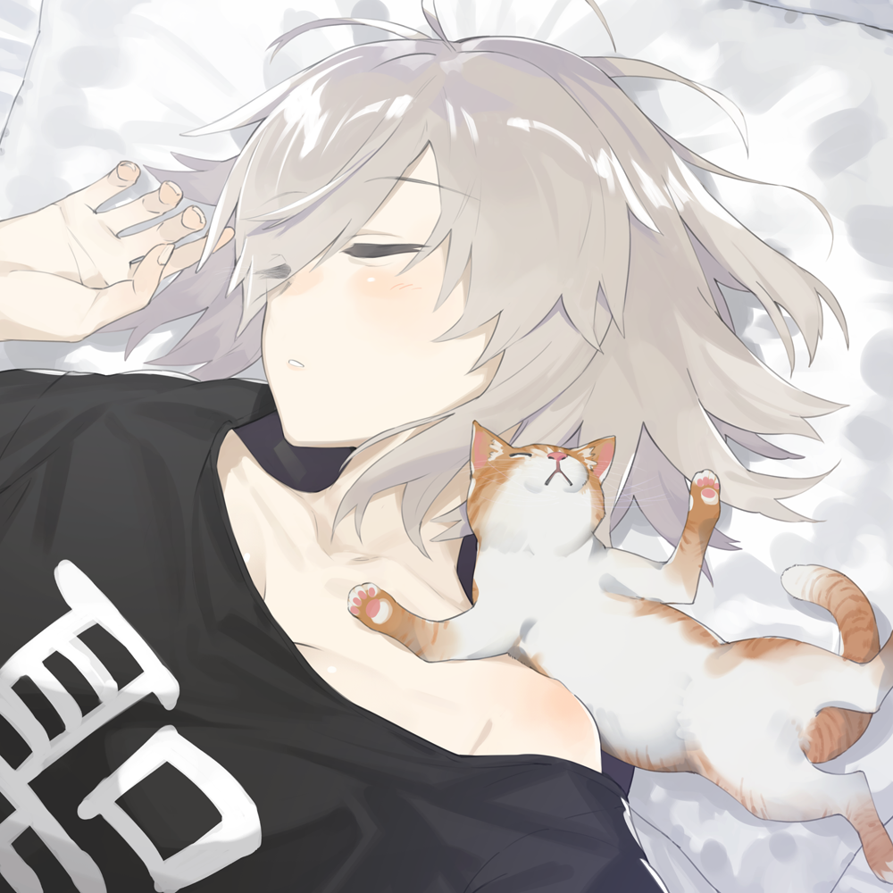1girl ahoge bags_under_eyes bangs bed_sheet black_shirt blush cat closed_eyes clothes_writing fate/grand_order fate_(series) grey_hair hayashi_kewi jeanne_alter lying on_back on_bed parted_lips pillow ruler_(fate/apocrypha) shirt short_hair sleeping solo t-shirt