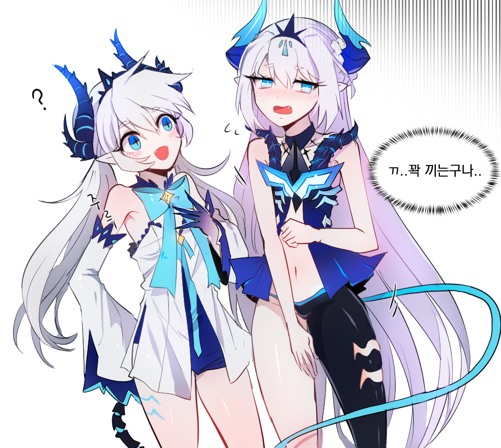 2girls ? alternate_costume alternate_hairstyle asymmetrical_clothes bare_shoulders blue_eyes blush blush_stickers body_markings demon_tail detached_sleeves diabla_(elsword) elsword fang fang_out horns korean long_hair luciela_r._sourcream mellchi multiple_girls multiple_persona navel navel_cutout noblesse_(elsword) ribbon symbol-shaped_pupils tail tiara twintails white_background white_hair