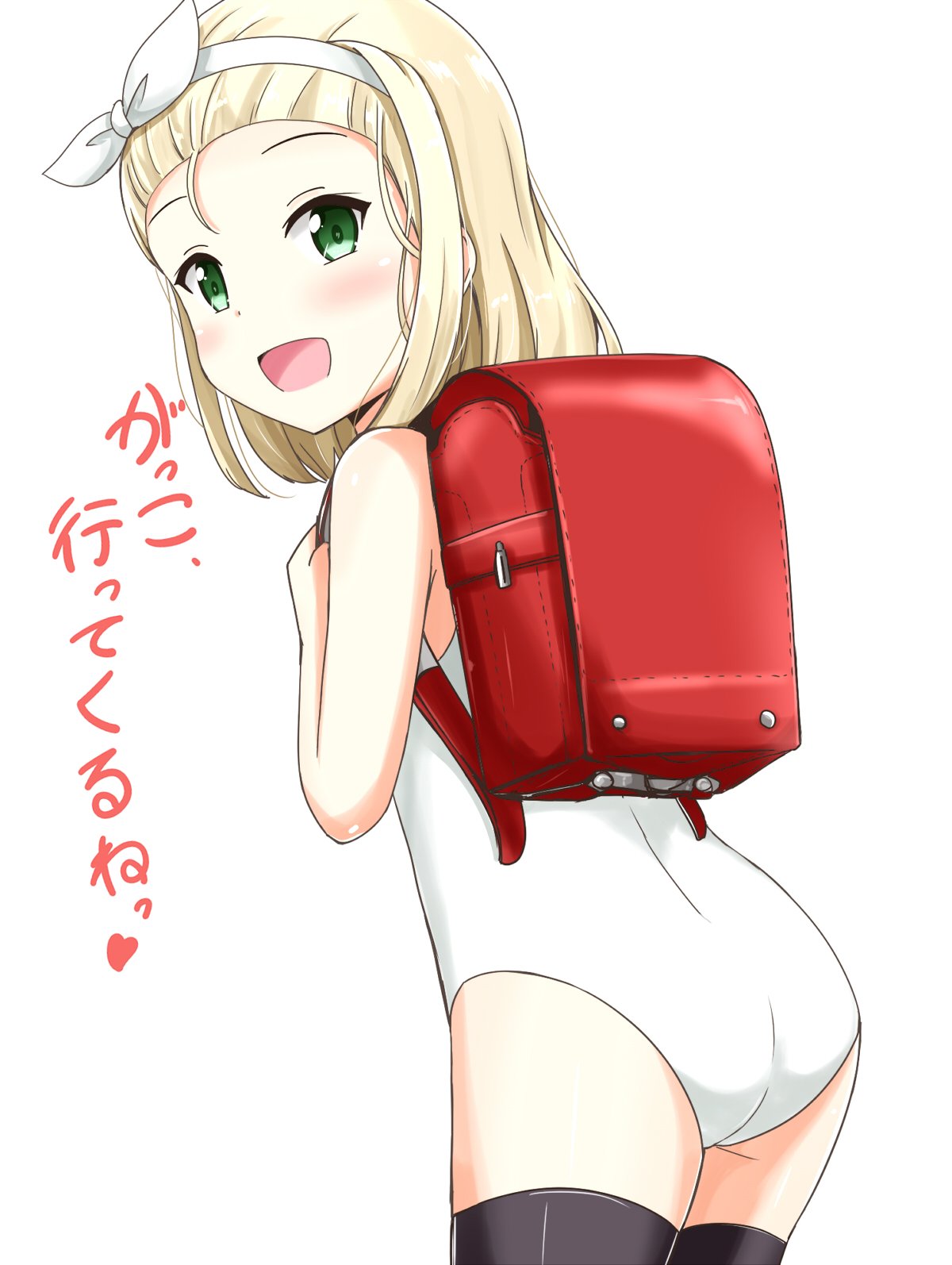 1girl :d aikawa_ryou backpack bag black_legwear blonde_hair green_eyes hairband heart highres i-504_(kantai_collection) kantai_collection luigi_torelli_(kantai_collection) open_mouth randoseru school_swimsuit short_hair simple_background smile solo swimsuit thigh-highs translation_request white_background white_hairband white_school_swimsuit white_swimsuit