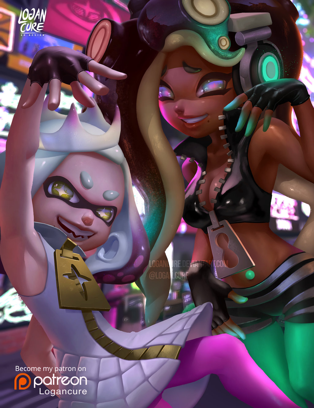 2girls bare_shoulders breasts city crop_top crown dark_skin domino_mask dress fingerless_gloves gloves green_eyes headphones highres hime_(splatoon) iida_(splatoon) logan_cure long_hair looking_at_viewer mask midriff mole mole_under_mouth multicolored_hair multiple_girls night octarian purple_hair sleeveless smile splatoon splatoon_2 tentacle_hair white_hair yellow_eyes zipper