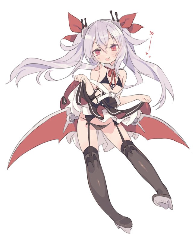 1girl azur_lane bangs bare_shoulders bat_wings black_bra black_footwear black_legwear black_panties blade_(galaxist) blush boots bra breasts commentary_request eyebrows_visible_through_hair fang full_body grey_hair hair_between_eyes lifted_by_self long_hair looking_at_viewer low_wings off_shoulder open_mouth panties red_eyes simple_background skirt skirt_lift small_breasts smile solo thigh-highs thigh_boots two_side_up underwear vampire_(azur_lane) white_background wings