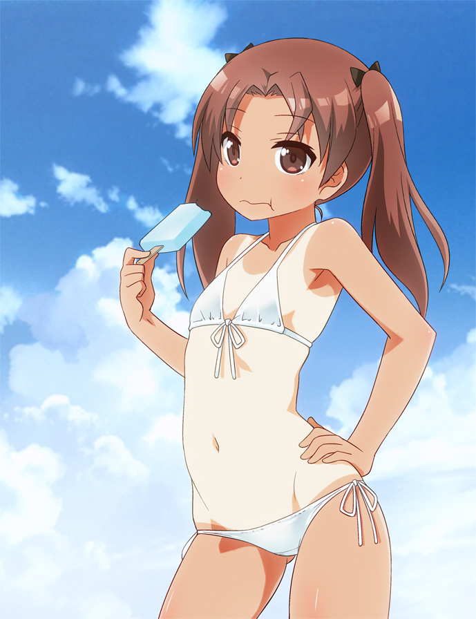 1girl :t bangs bikini black_ribbon breasts brown_eyes brown_hair closed_mouth contrapposto cowboy_shot crotch_seam day eating eyebrows_visible_through_hair food front-tie_bikini front-tie_top girls_und_panzer hair_ribbon holding kadotani_anzu long_hair looking_at_viewer navel outdoors parted_bangs popsicle ribbon side-tie_bikini small_breasts solo standing swimsuit tan tanline twintails umekichi