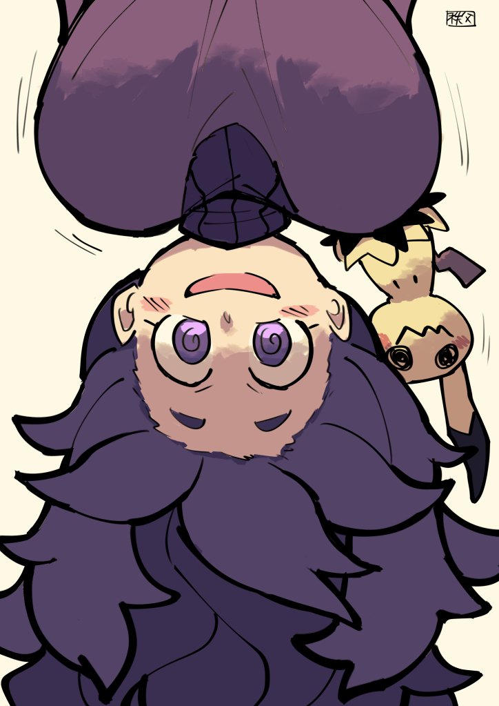 1girl al_bhed_eyes blush breasts giggling hex_maniac_(pokemon) large_breasts long_hair looking_at_viewer messy_hair mimikyu motion_lines npc_trainer open_mouth pokemon pokemon_(game) pokemon_xy purple_hair smile sweater upside-down violet_eyes watson