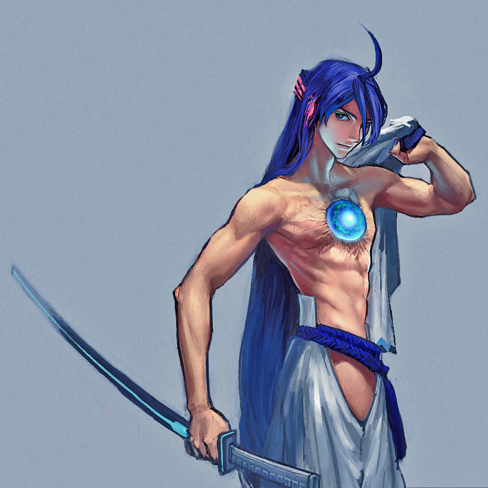 1boy ahoge android areolae bare_chest blue_background blue_eyes clenched_hand closed_mouth core glowing hair_down holding holding_sword holding_weapon japanese_clothes kamui_gakupo long_hair looking_at_viewer male_focus nipples purple_hair shikuchouson simple_background solo sword toned toned_male very_long_hair vocaloid weapon