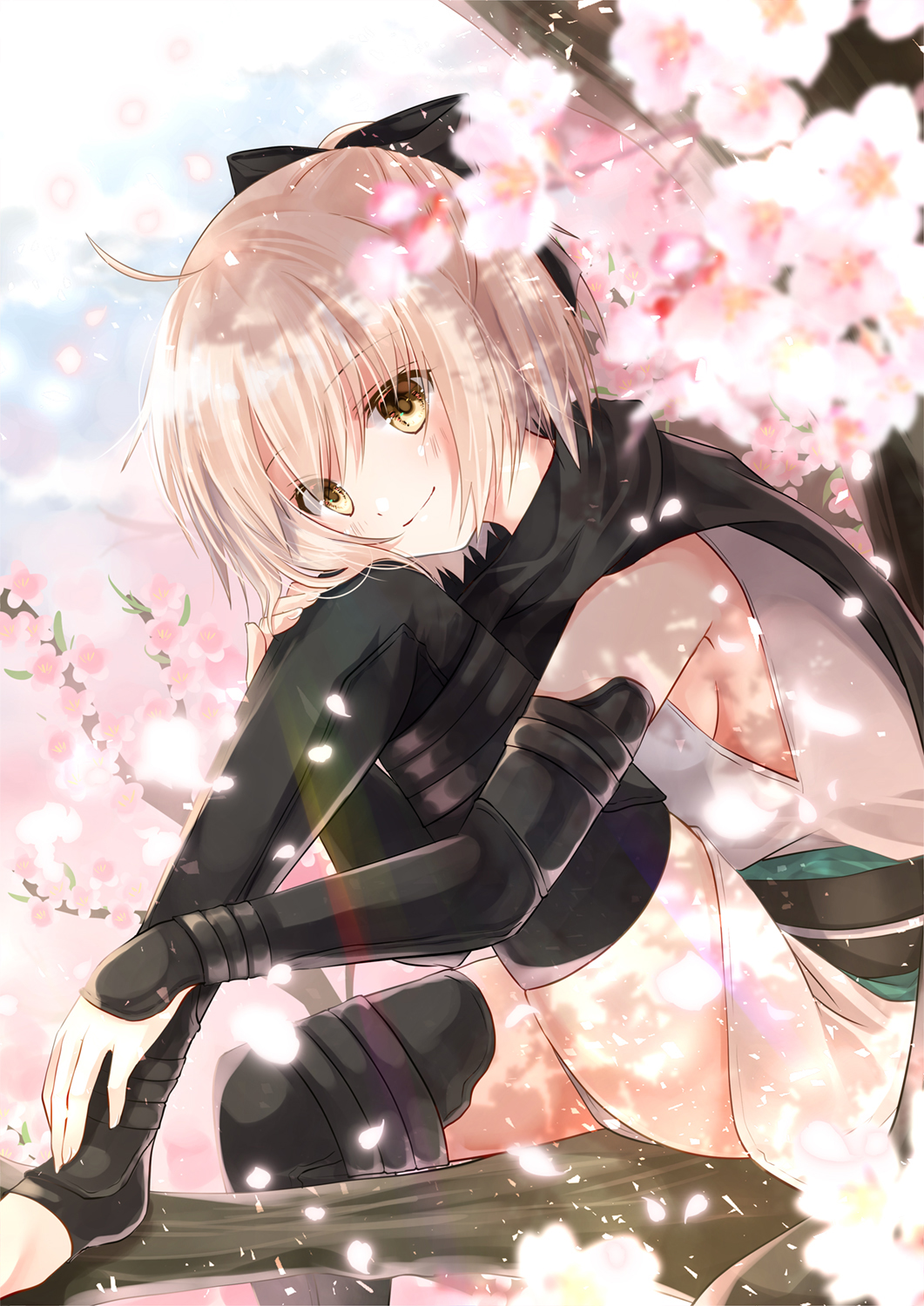 1girl ahoge ass bangs black_legwear black_scarf blonde_hair blue_sky blurry cherry_blossoms clouds day depth_of_field eyebrows_visible_through_hair fate_(series) flower hair_ribbon half_updo hand_on_own_knee highres in_tree iroha_(shiki) japanese_clothes kimono knee_up koha-ace looking_at_viewer obi outdoors petals ribbon sakura_saber sash scarf short_hair short_kimono sitting sitting_in_tree sky sleeveless sleeveless_kimono smile solo sunlight thigh-highs toeless_legwear toes tree tree_branch vambraces yellow_eyes