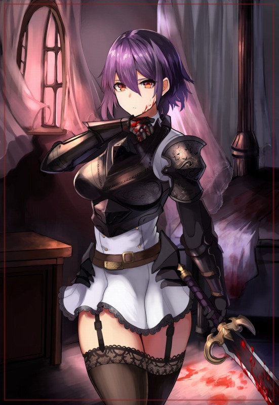 1girl ankoku_broccoli black_legwear blood breasts brown_eyes garter_straps lace lace-trimmed_thighhighs looking_at_viewer medium_breasts open_window purple_hair short_hair skirt solo standing sword thigh-highs thighs weapon