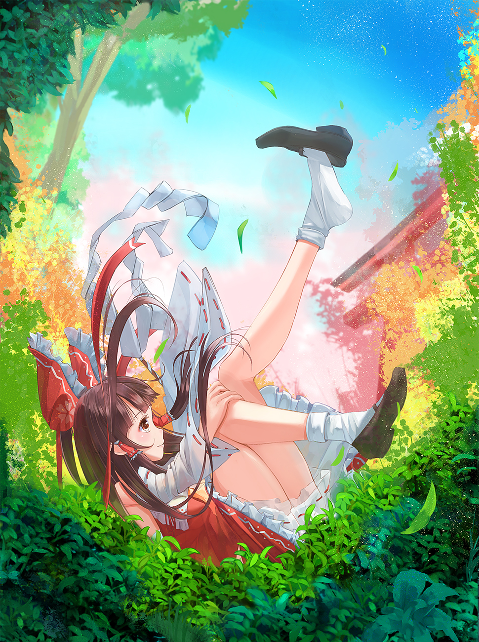 1girl bangs black_footwear blue_sky blunt_bangs blurry brown_eyes brown_hair colorful commentary day depth_of_field detached_sleeves floral_print frilled_skirt frills from_side gohei grass hair_ribbon hair_tubes hakurei_reimu highres kneepits landing leg_up light_particles long_hair looking_up muireko nature outdoors perspective petals profile rainbow_order red_shirt red_skirt reflective_eyes ribbon ribbon-trimmed_sleeves ribbon_trim shiny shiny_hair shirt shoe_dangle shoes skirt sky sleeveless sleeveless_shirt smile socks solo thighs torii touhou tree white_legwear wide_sleeves