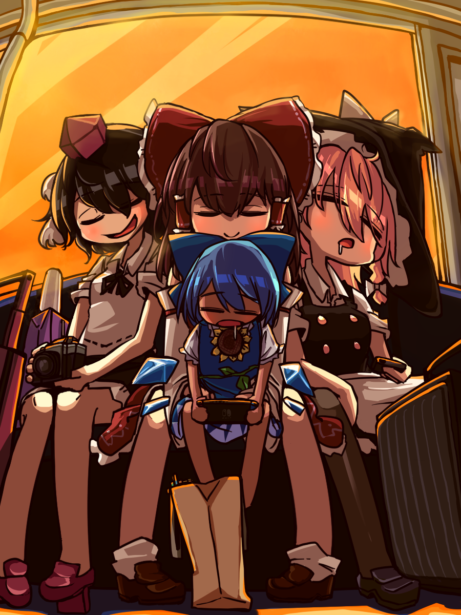 4girls apron awa_(bihidasu) bag black_hair blonde_hair blue_hair blush bow brown_hair camera cirno closed_eyes commentary_request drooling evening facing_viewer flower hair_bow hakurei_reimu hat highres holding holding_camera kirisame_marisa mary_janes multiple_girls nintendo_switch no_nose open_mouth red_bow red_hat shameimaru_aya shoes shopping_bag short_sleeves sitting sitting_on_lap sitting_on_person sleeping smile spread_legs sunflower tan tanned_cirno tokin_hat touhou waist_apron window