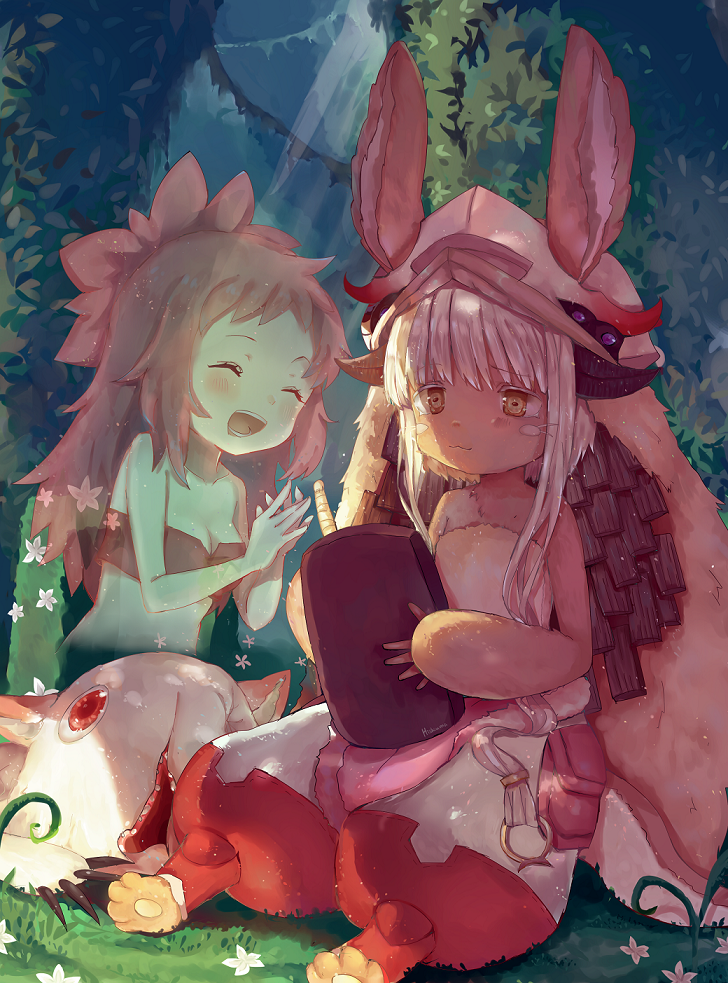 2girls :3 animal_ears blush claws closed_eyes fur helmet long_hair made_in_abyss mitty_(made_in_abyss) monster monster_girl multiple_girls nanachi_(made_in_abyss) outdoors qiqiuqiu rabbit_ears red_eyes redhead sad_smile sitting smile transparent white_hair writing yellow_eyes