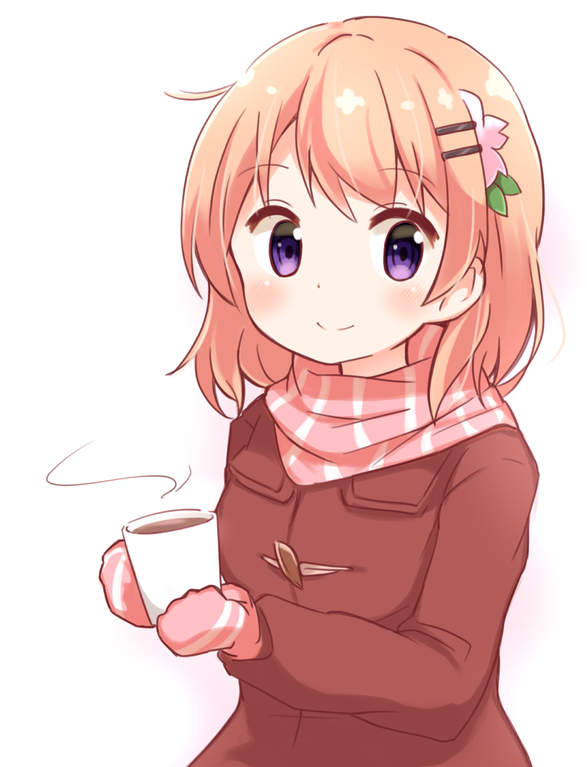 1girl bangs blush breasts closed_mouth cup duffel_coat eyebrows_visible_through_hair gloves gochuumon_wa_usagi_desu_ka? hair_ornament hairclip hoto_cocoa long_sleeves looking_at_viewer orange_hair pink_gloves pink_scarf scarf short_hair simple_background small_breasts smile solo steam striped striped_scarf upper_body violet_eyes white_background yaplus
