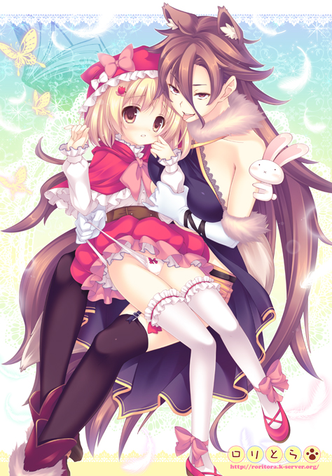 2girls :o age_difference animal animal_ears ankle_bow ankle_ribbon arm_grab bare_shoulders black_legwear blonde_hair blush book boots bow bow_panties brown_eyes brown_footwear brown_hair butterfly commentary_request dress elbow_gloves flower frilled_capelet frilled_hat frilled_legwear frilled_skirt frilled_sleeves frills fur-trimmed_boots fur-trimmed_gloves fur_collar fur_trim garter_straps gloves hair_between_eyes hair_bow hair_flower hair_ornament hat little_red_riding_hood little_red_riding_hood_(grimm) long_hair long_sleeves looking_at_viewer multiple_girls open_book orange_shorts original panties panty_lift parted_lips paw_print pink_bow puffy_long_sleeves puffy_sleeves purple_dress rabbit red_capelet red_hat red_shoes red_skirt ribbon shirt shoes short_hair shorts sitting sitting_on_lap sitting_on_person size_difference skirt sleeves_past_wrists tareme thigh-highs tongue tongue_out translation_request tsukishima_yuuko tsurime underwear very_long_hair watermark web_address white_bow white_gloves white_legwear white_panties white_shirt wolf_ears yuri