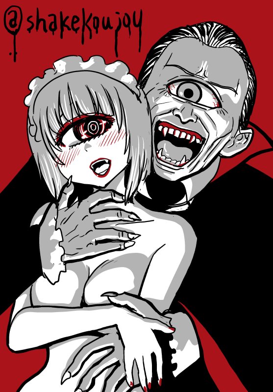 1boy 1girl @_@ blush breasts cape commentary_request cyclops dracula fangs fingernails hair_slicked_back halloween large_breasts lipstick long_sleeves looking_at_another maid_headdress makeup monochrome nail_polish nude one-eyed open_mouth original red_background red_lipstick red_nails shake-o sharp_fingernails short_hair simple_background twitter_username vampire veins