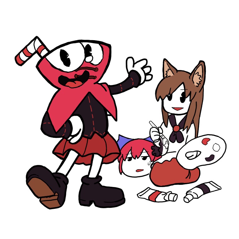 1boy 2girls :d animal_ears bangs black_footwear black_jacket blouse brown_hair commentary_request crossover cuphead cuphead_(game) disembodied_head drinking_straw eyebrows_visible_through_hair fat-feit hand_on_hip holding_brush imaizumi_kagerou jacket kneeling long_hair long_sleeves looking_at_another looking_at_viewer multiple_girls open_mouth pac-man_eyes paint_tube paintbrush palette parted_lips pleated_skirt red_eyes red_skirt seiza sekibanki shoes simple_background sitting skirt smile standing sweatdrop touhou white_background white_blouse wolf_ears yukkuri_shiteitte_ne