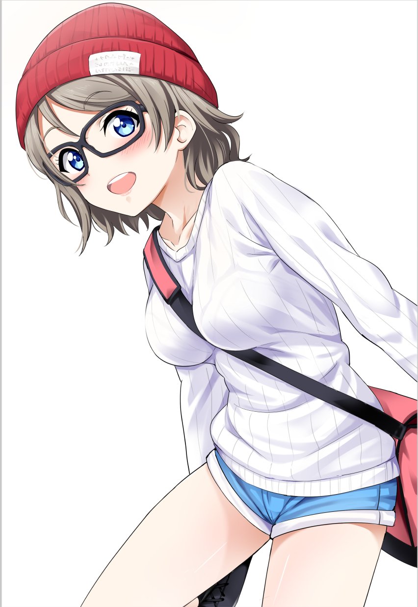 10s 1girl :d bag beanie between_breasts black-framed_eyewear blue_eyes blush bra breasts brown_hair cross-laced_footwear dutch_angle eyebrows_visible_through_hair glasses hat highres long_sleeves looking_at_viewer love_live! love_live!_sunshine!! medium_breasts open_mouth rozen5 see-through short_hair short_shorts shorts shoulder_bag simple_background smile solo strap_cleavage underwear watanabe_you white_background