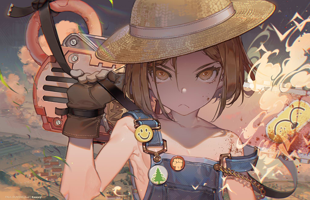 &gt;:&lt; 1girl armpits artist_name badge black_gloves blonde_hair brown_hat button_badge chainsaw character_name closed_mouth clouds collarbone commentary_request eyelashes fate_(series) flower gloves hat holding kawacy leather leather_gloves looking_at_viewer naked_overalls outdoors overalls paul_bunyan_(fate/grand_order) serious short_hair smiley_face solo strap_slip straw_hat tsurime upper_body yellow_eyes