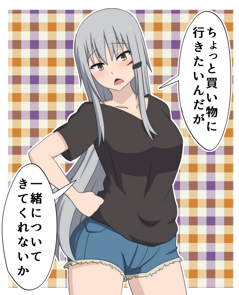 1girl black_shirt blush bokota_(bokobokota) breasts brown_eyes checkered checkered_background cheerleader denim denim_shorts gangut_(kantai_collection) grey_hair hair_between_eyes hair_ornament kantai_collection long_hair looking_at_viewer medium_breasts no_hat no_headwear no_jacket open_mouth remodel_(kantai_collection) scar scar_on_cheek shirt shorts solo standing translation_request