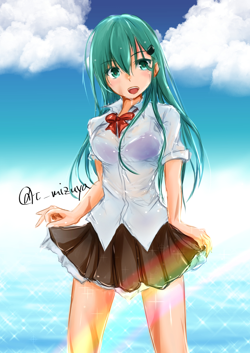 aqua_eyes aqua_hair ascot bare_legs blue_sky bra brown_skirt clouds eyebrows_visible_through_hair eyes_visible_through_hair hair_between_eyes hair_ornament hairclip holding_skirt kantai_collection long_hair ocean pleated_skirt purple_bra red_ribbon ribbon school_uniform shirt signature sketch skirt skirt_lift sky sleeves_rolled_up sparkle suiya_chiharu suzuya_(kantai_collection) swimsuit underwear wet wet_clothes wet_shirt wet_t-shirt white_shirt