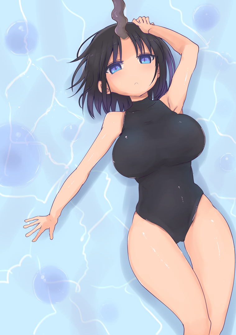 1girl armpits bare_shoulders black_hair blue_eyes breasts cool-kyou_shinja elma_(maidragon) horn kobayashi-san_chi_no_maidragon large_breasts looking_at_viewer lying on_back one-piece_swimsuit solo swimsuit water