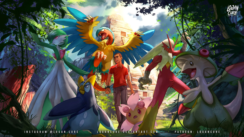 1boy archeops blaziken blue_eyes breloom brown_hair cherrim day fire forest gardevoir logan_cure long_hair nature open_mouth pokemon pokemon_(creature) pokemon_(game) pokemon_rse prinplup smile