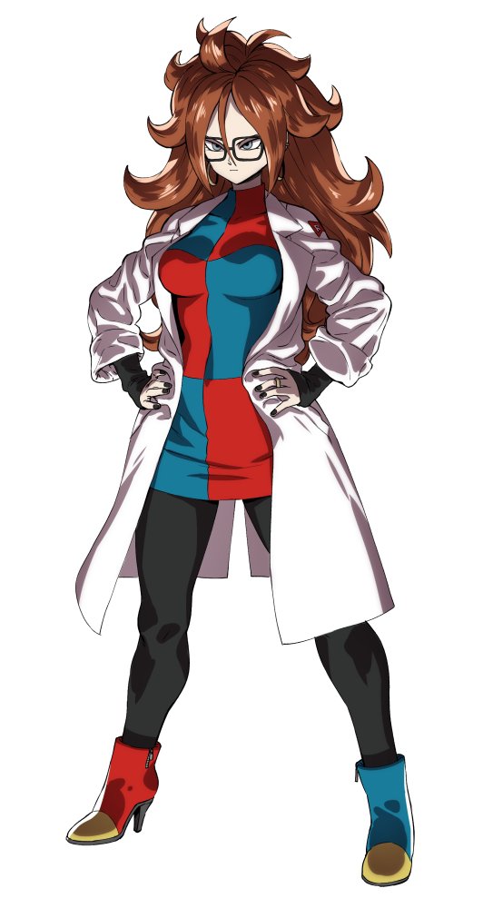 1girl android_21 arm_warmers black_legwear black_nails blue_eyes breasts brown_hair covered_navel dragon_ball dragon_ball_fighterz dress earrings female full_body glasses hands_on_hips high_heels hoop_earrings jewelry labcoat long_hair long_sleeves medium_breasts multicolored multicolored_boots multicolored_clothes multicolored_dress murakami_hisashi nail_polish pantyhose ring solo standing turtleneck_dress