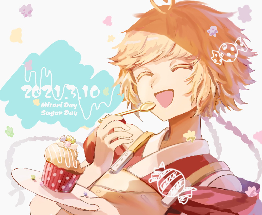 1other androgynous blonde_hair braid candy closed_eyes colored_eyelashes commentary_request cupcake dated english_text food happy hemo_(hemoroda) holding holding_spoon japanese_clothes kimono konpeitou len'en ooama_no_ake_no_mitori open_mouth red_kimono sleeveless sleeveless_kimono smile solo spoon twin_braids